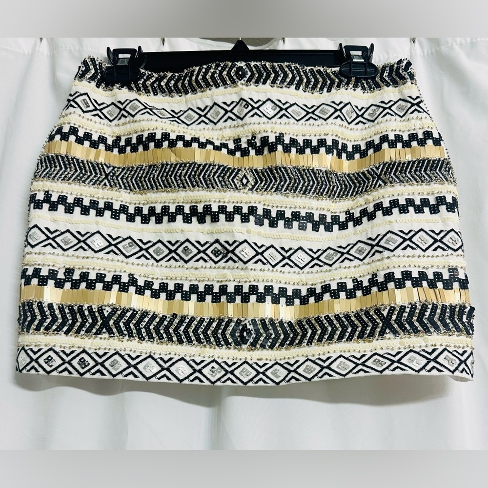 Endless Rose Geometrical Pattern Blk Gold Cotton Sequin Embroidered Mini Skirt M